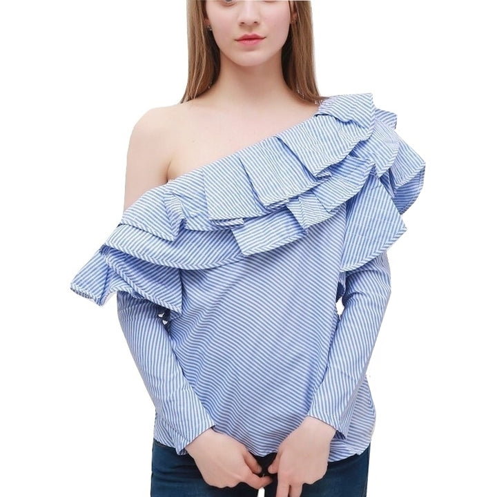 Blusa Ombro Único Com Babado Listrada