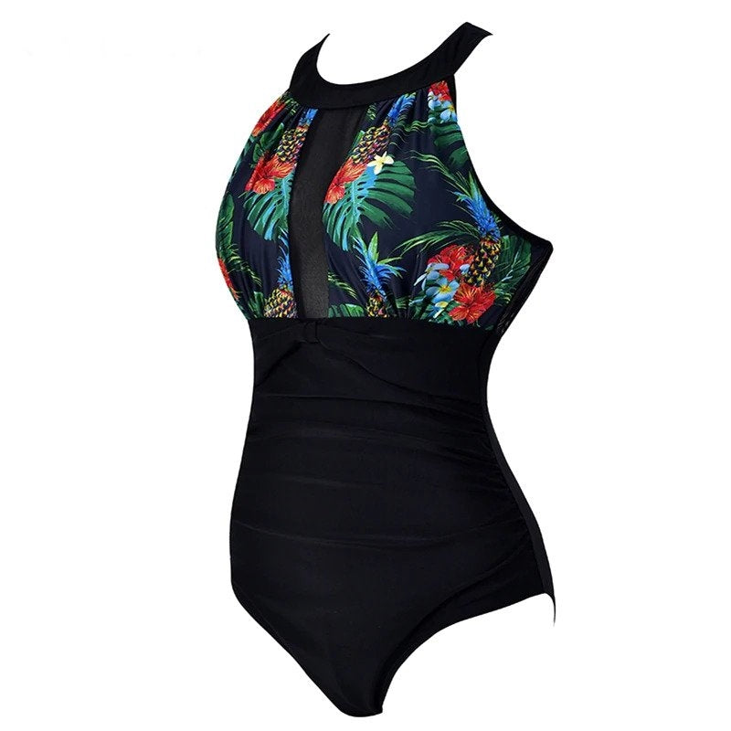 Maiô Body Decote Tule Floral Plus Size