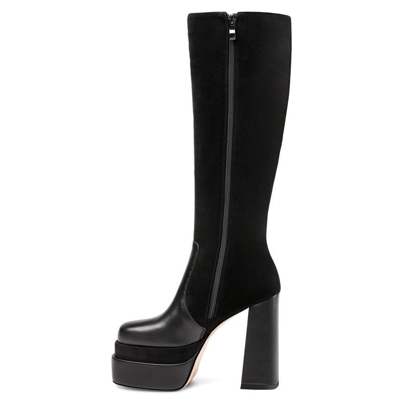 Bota Cano Alto Plataforma Salto Bloco Preta - Poderosa