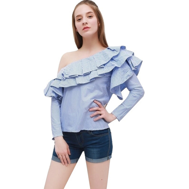 Blusa Ombro Único Com Babado Listrada