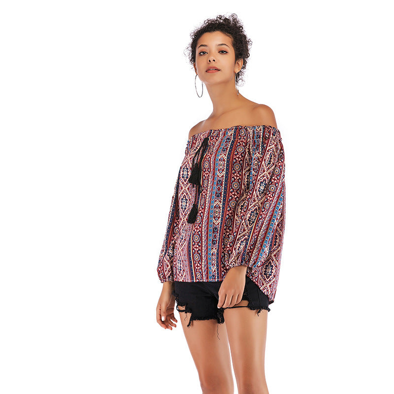 Blusa Ombro a Ombro Estampada Tassel