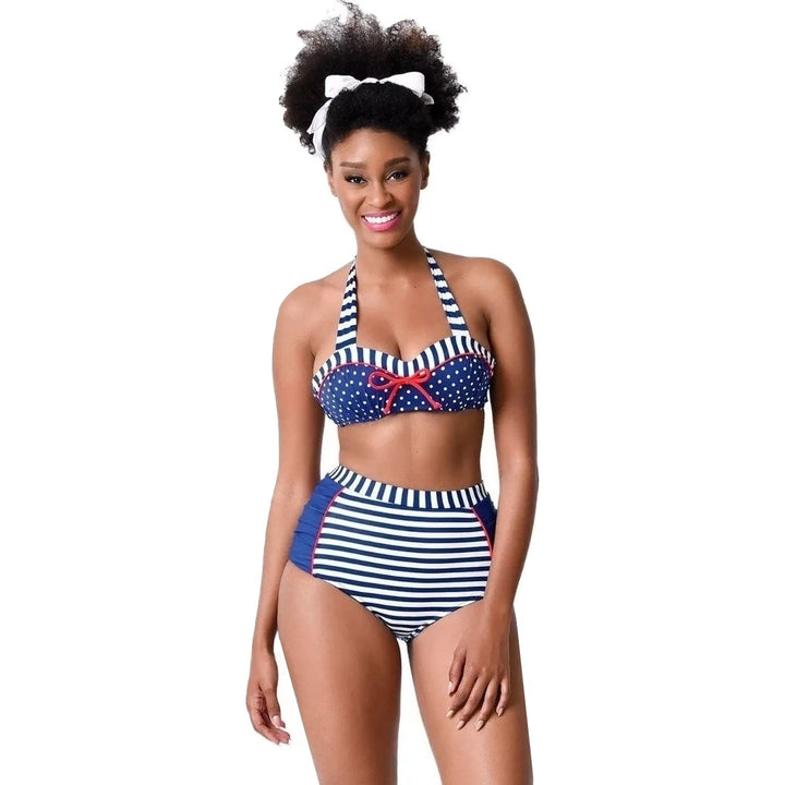 Biquíni Cintura Alta Listrado Azul