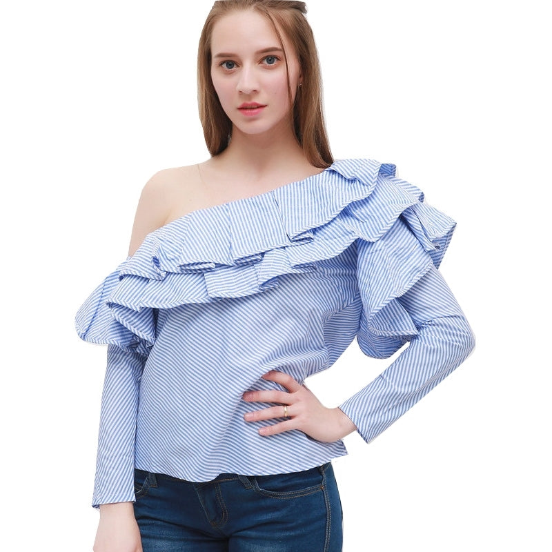 Blusa Ombro Único Com Babado Listrada