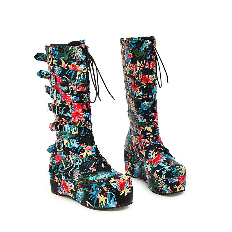 Bota Estilo Gótico Plataforma Com Fivelas