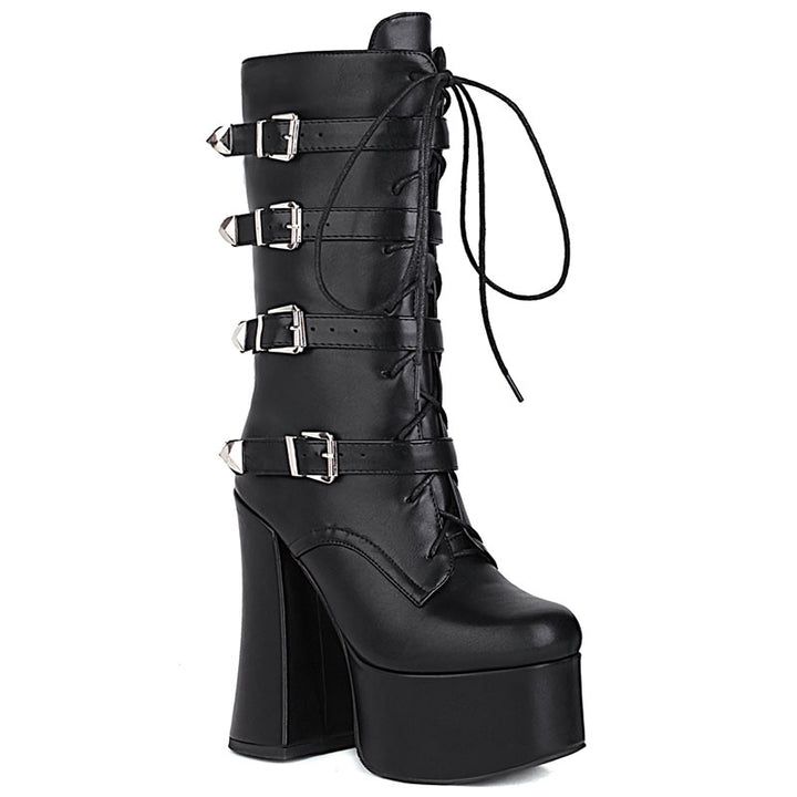 Bota Plataforma Gótica Cano Médio Com Fivelas Preta - Poderosa
