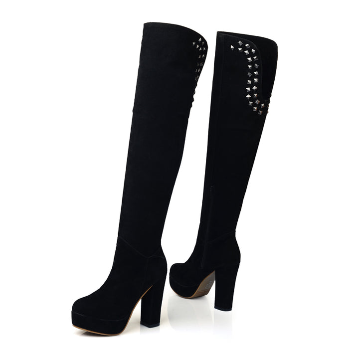 Bota Over The Knee Salto Alto Com Rebites