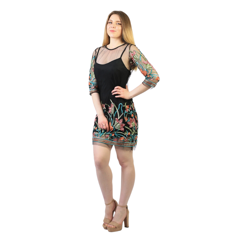 Vestido Sobreposição Tule Floral