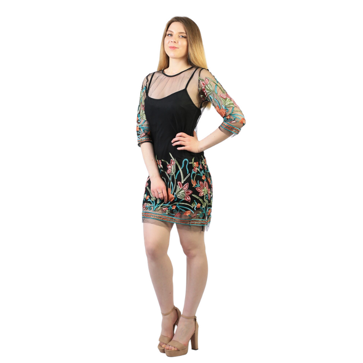 Vestido Sobreposição Tule Floral