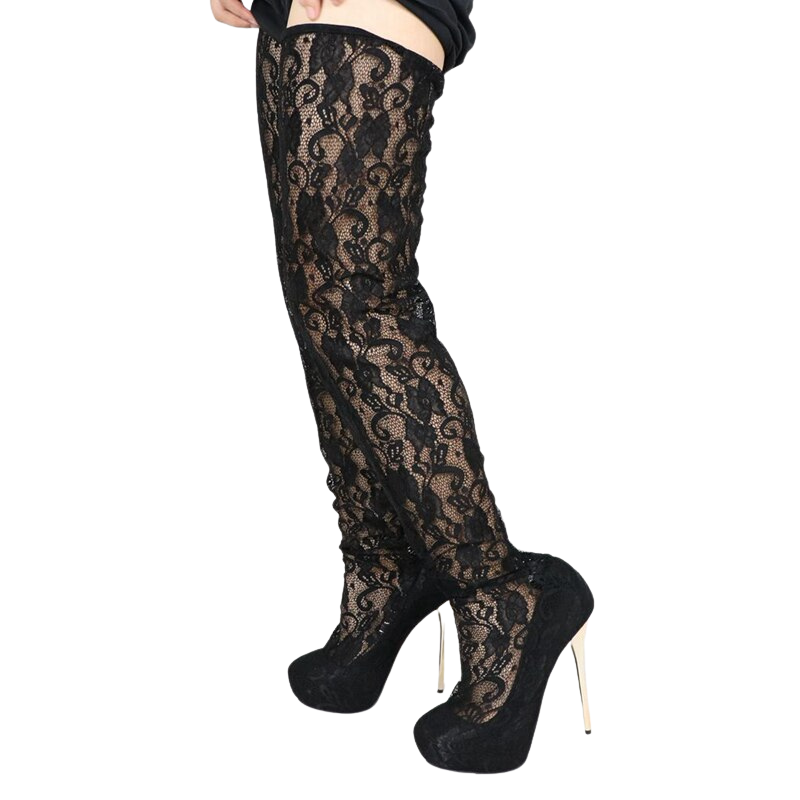 Bota Over The Knee Rendada Com Salto Agulha Glam