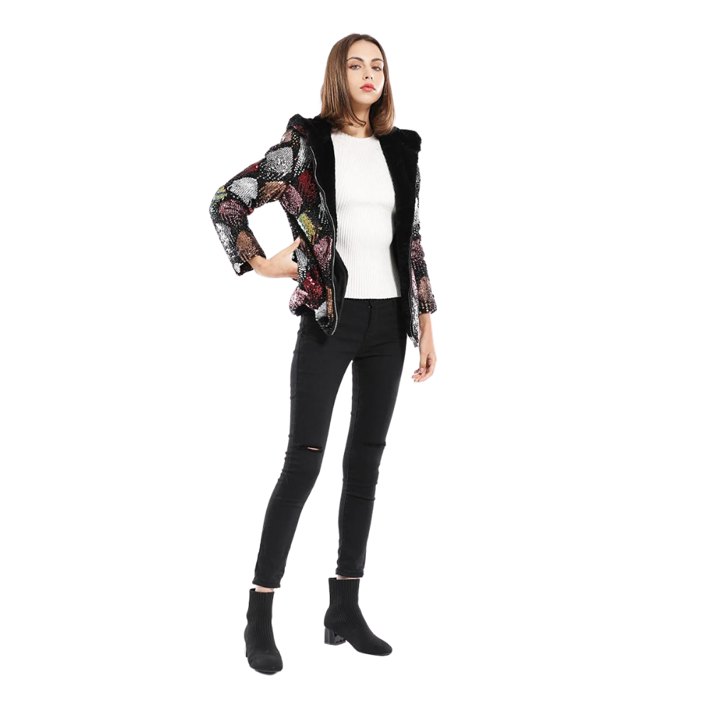 Jaqueta Feminina Forrada Com Lantejoulas Luxo