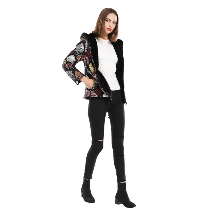 Jaqueta Feminina Forrada Com Lantejoulas Luxo
