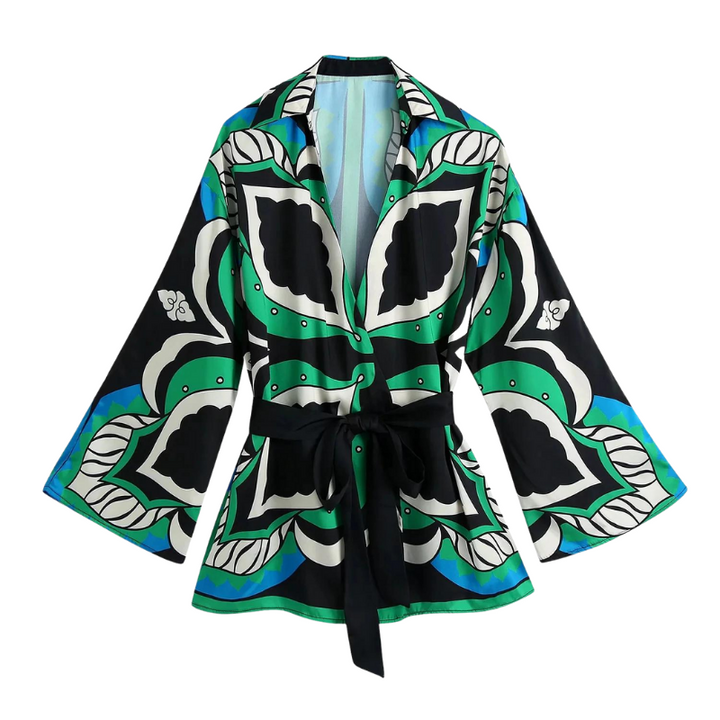 Kimono Estampa de Folhas Com Faixa