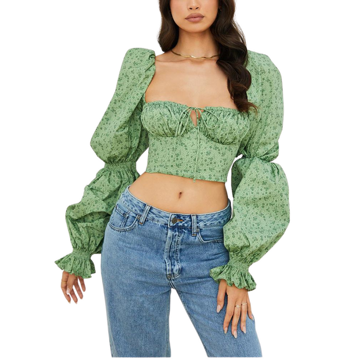 Blusa Cropped Manga Bufante Estampado Verde