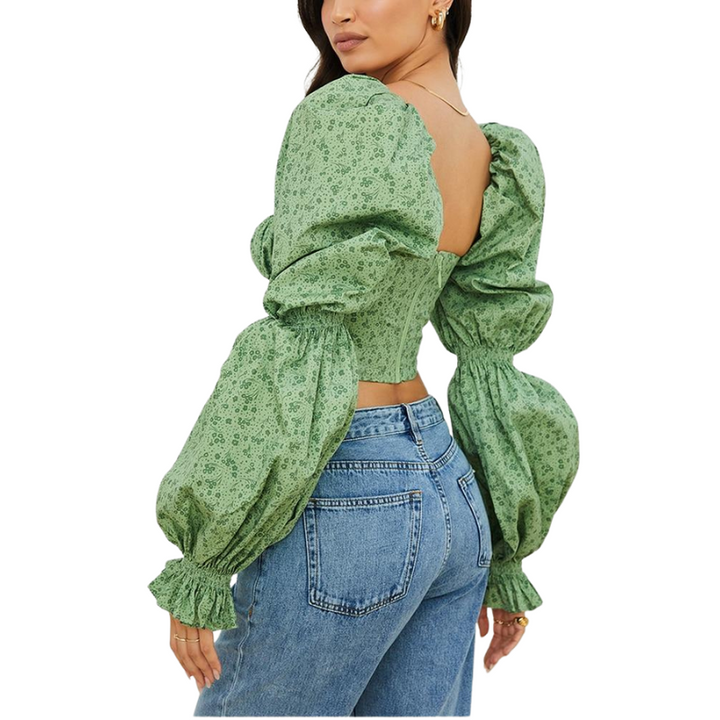 Blusa Cropped Manga Bufante Estampado Verde