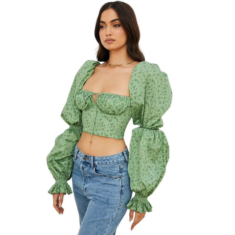 Blusa Cropped Manga Bufante Estampado Verde