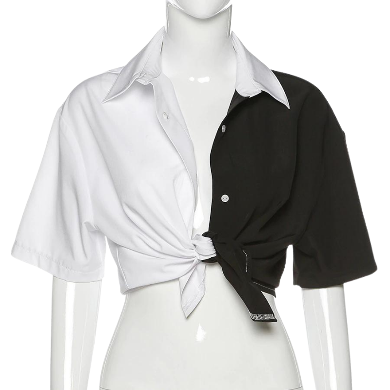 Camisa Cropped Amarração Preto e Branco