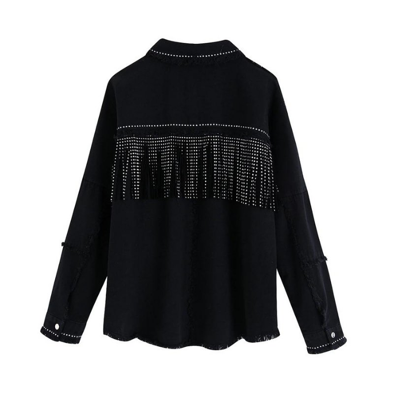 Jaqueta Jeans Feminina Com Apliques Preta