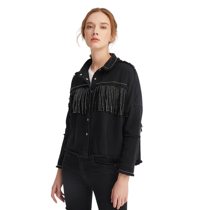 Jaqueta Jeans Feminina Com Apliques Preta