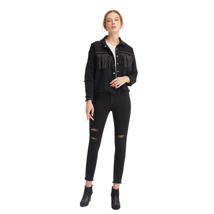 Jaqueta Jeans Feminina Com Apliques Preta