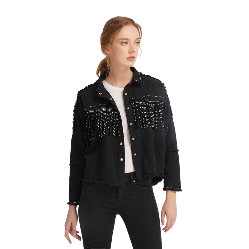 Jaqueta Jeans Feminina Com Apliques Preta