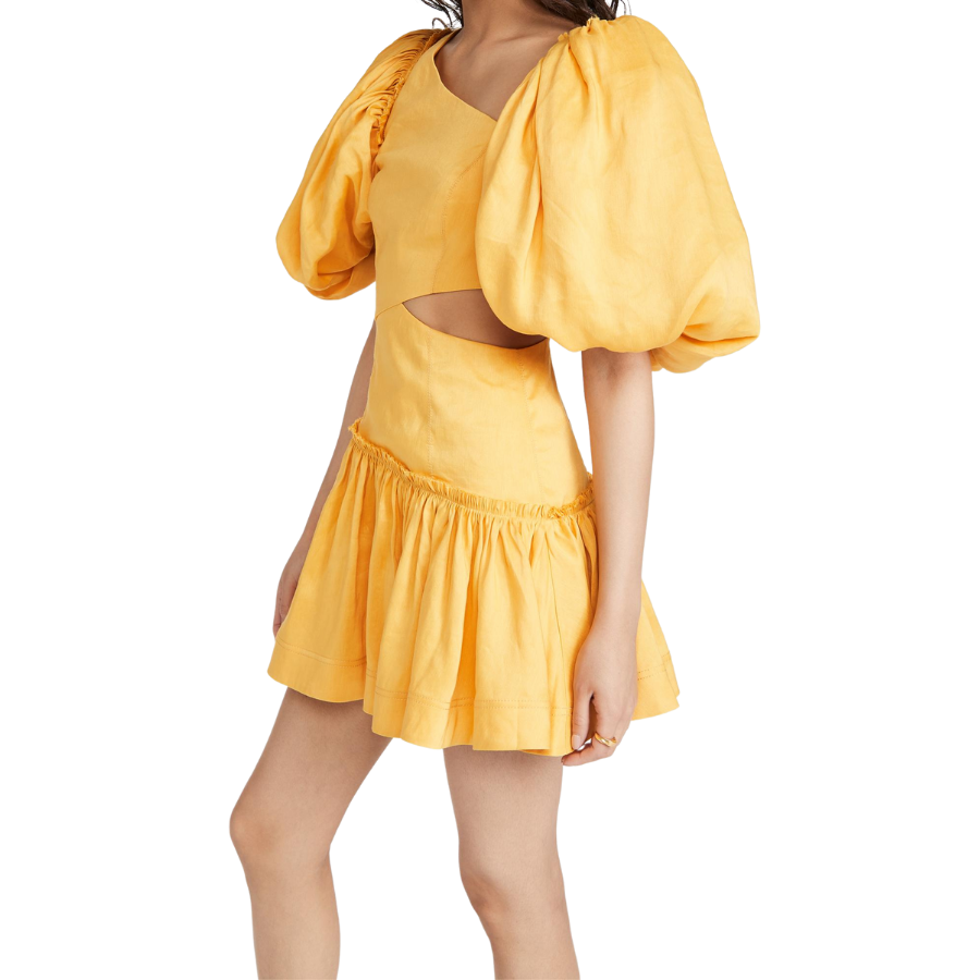 Vestido Com Vazado Manga Bufante Amarelo