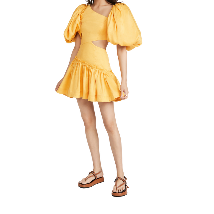 Vestido Com Vazado Manga Bufante Amarelo