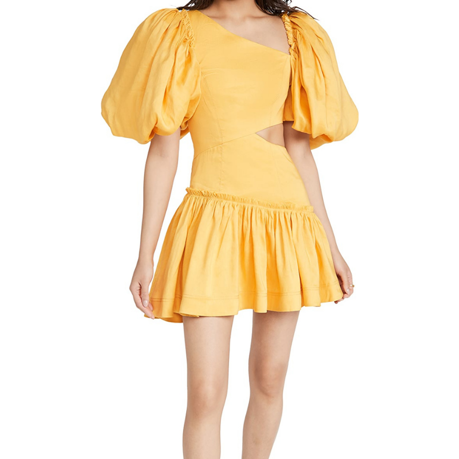Vestido Com Vazado Manga Bufante Amarelo