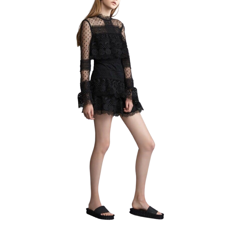 Vestido De Renda Manga Tule Preto