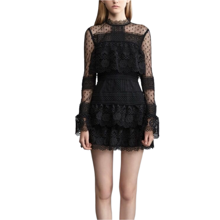 Vestido De Renda Manga Tule Preto