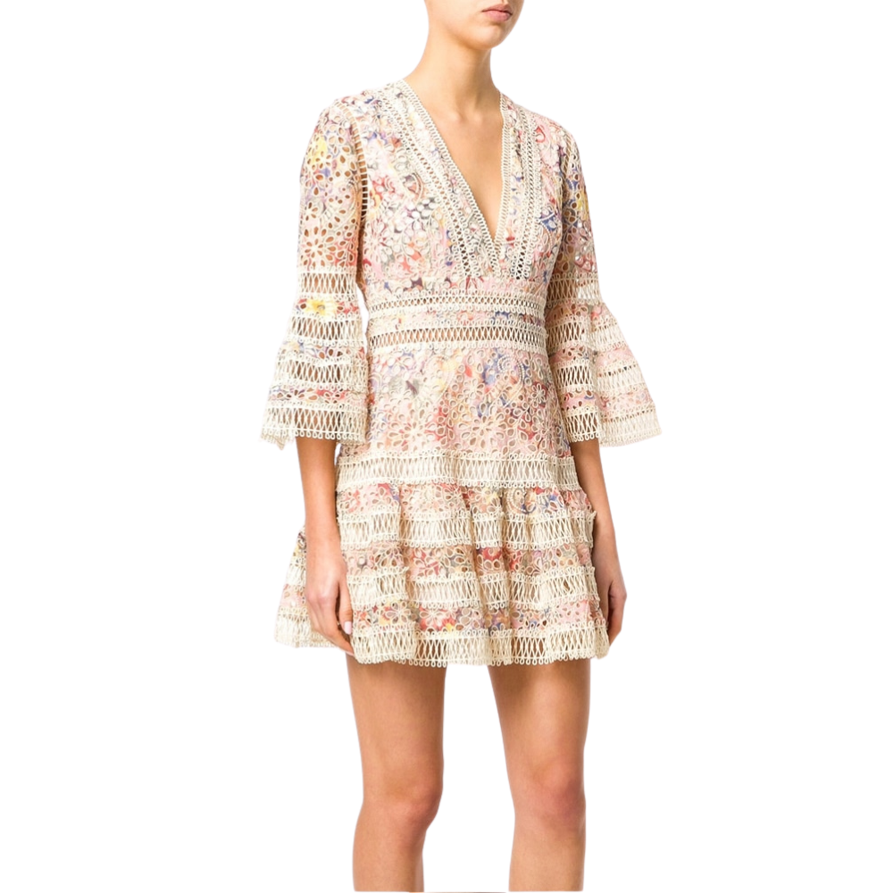 Vestido Curto De Renda Manga Flare