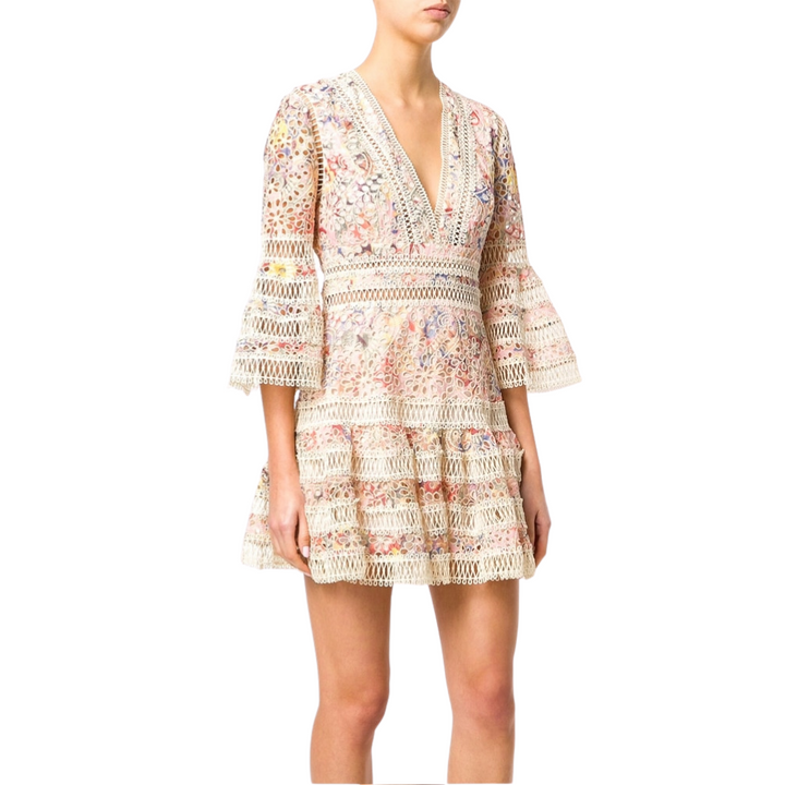 Vestido Curto De Renda Manga Flare