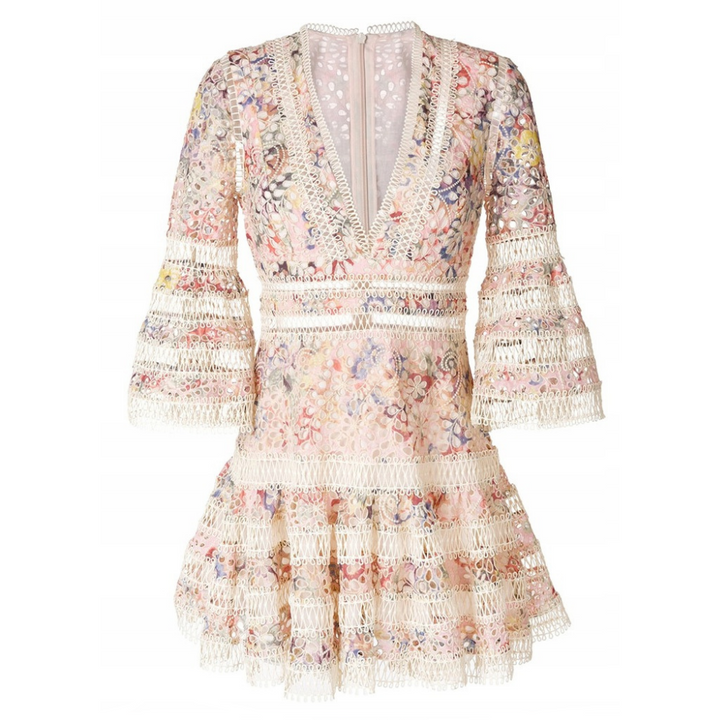 Vestido Curto De Renda Manga Flare