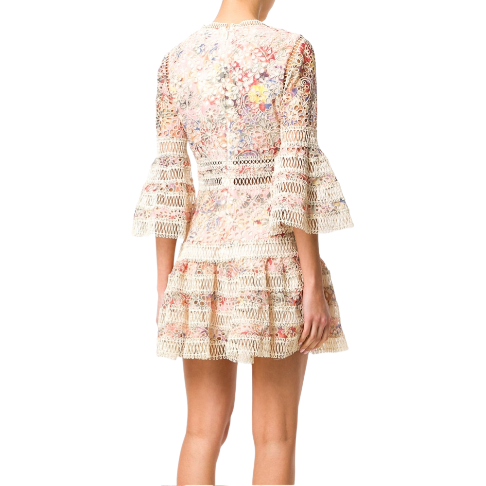 Vestido Curto De Renda Manga Flare