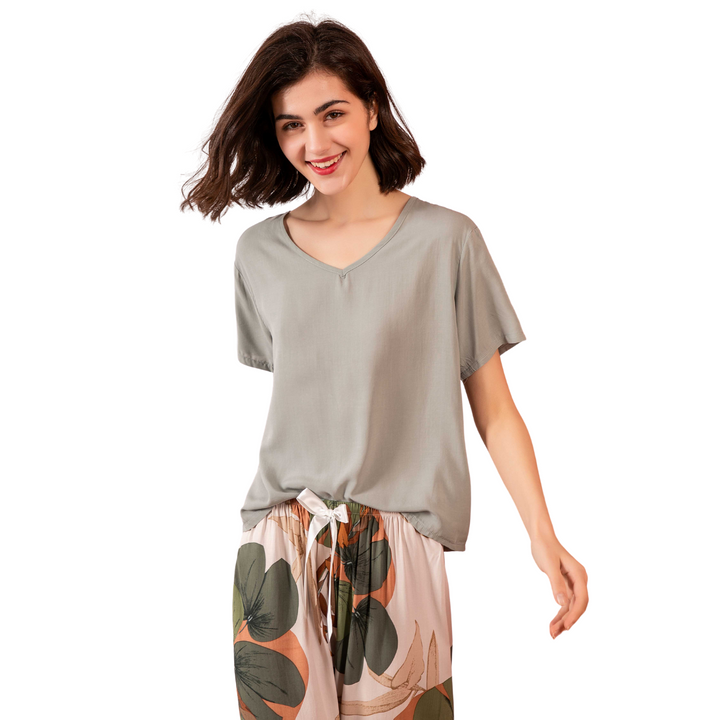 Pijama Camisa Manga Curta e Calça Estamado Floral