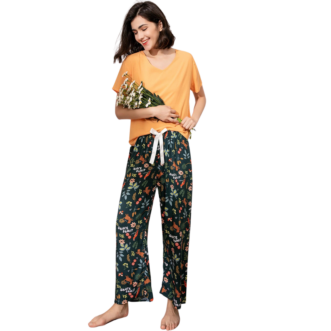 Pijama Camisa Manga Curta e Calça Estampado Fauna