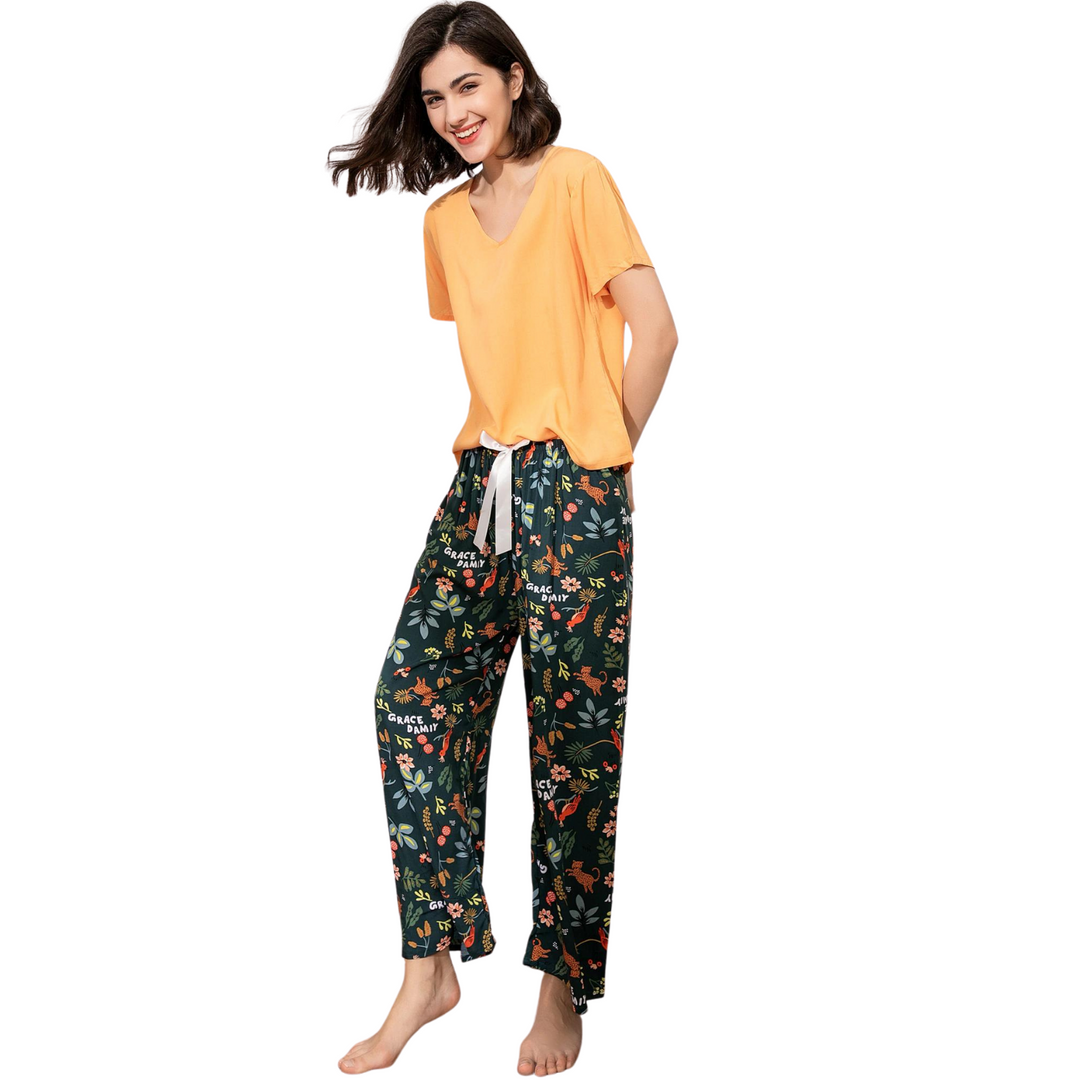 Pijama Camisa Manga Curta e Calça Estampado Fauna