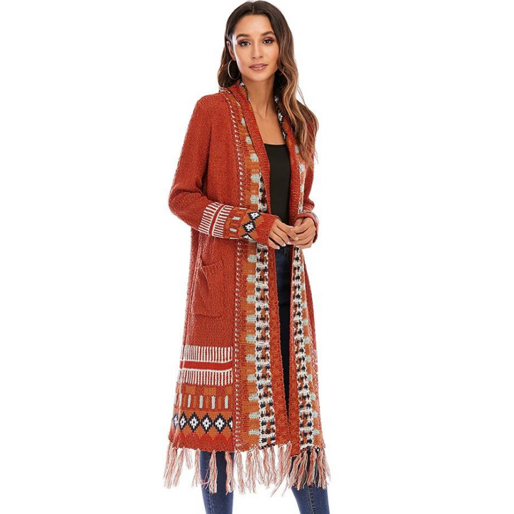 Cardigan Tricot Longo com Estampa Étnica e Franjas
