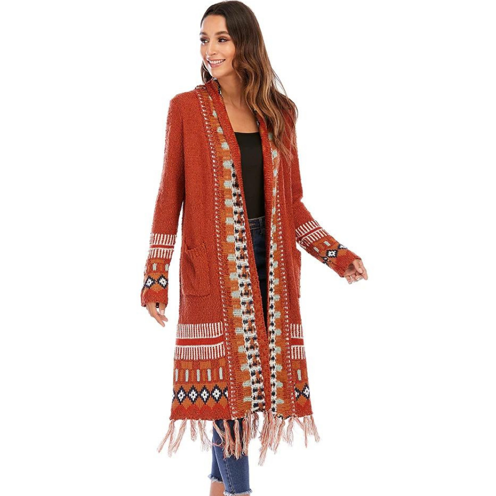 Cardigan Tricot Longo com Estampa Étnica e Franjas