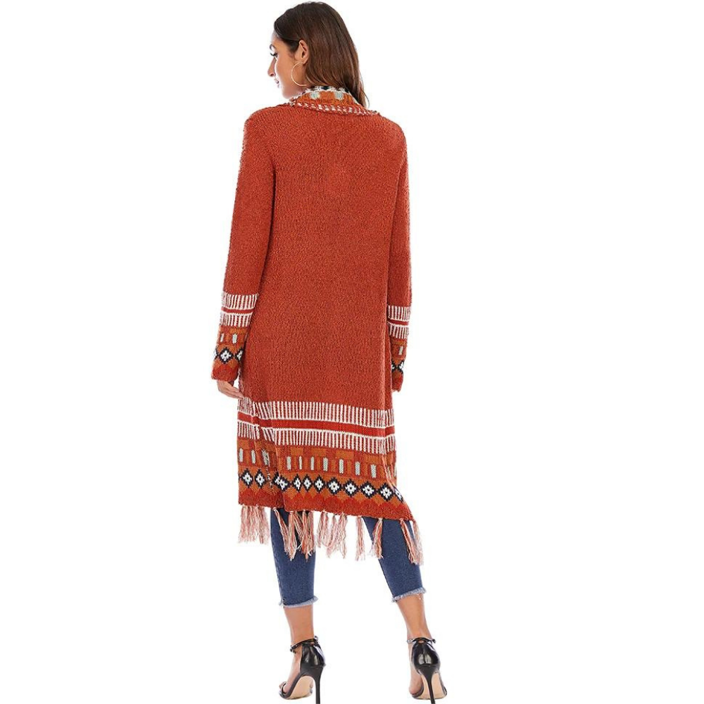 Cardigan Tricot Longo com Estampa Étnica e Franjas