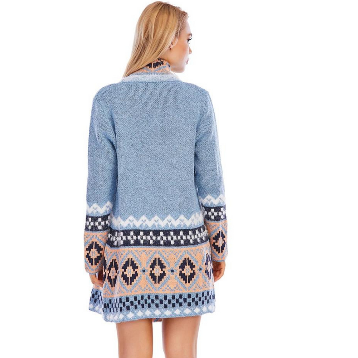 Cardigan Tricot Longo Estampado Azul