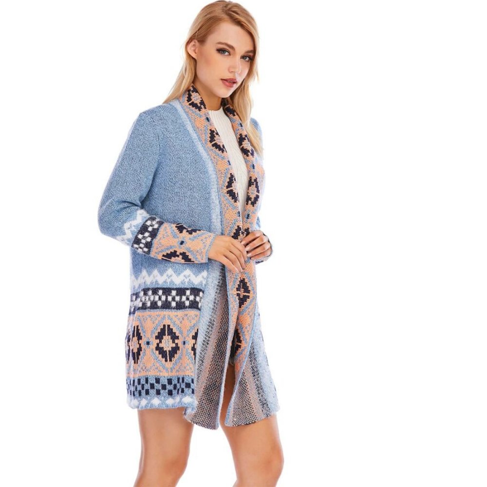 Cardigan Tricot Longo Estampado Azul