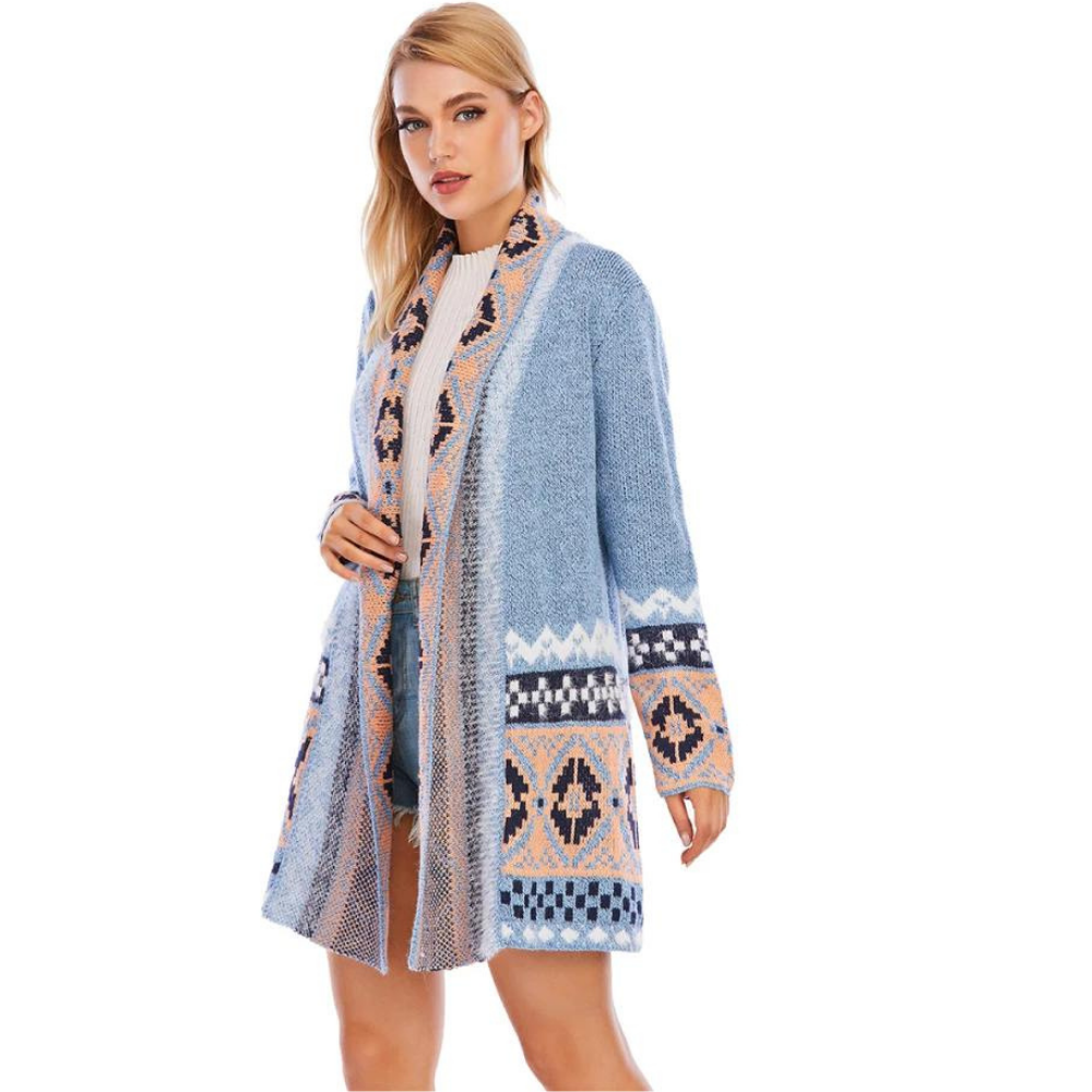 Cardigan Tricot Longo Estampado Azul