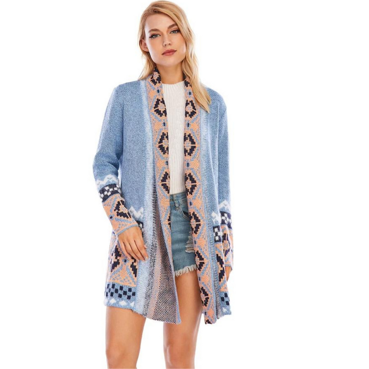 Cardigan Tricot Longo Estampado Azul