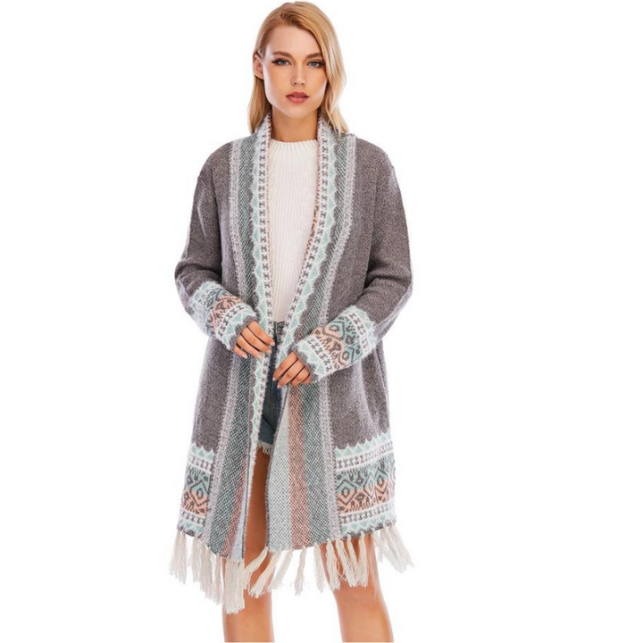Cardigan Tricot Alongado Estampado Cinza