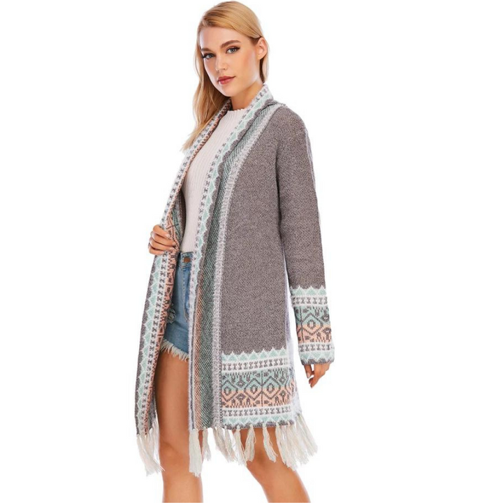 Cardigan Tricot Alongado Estampado Cinza