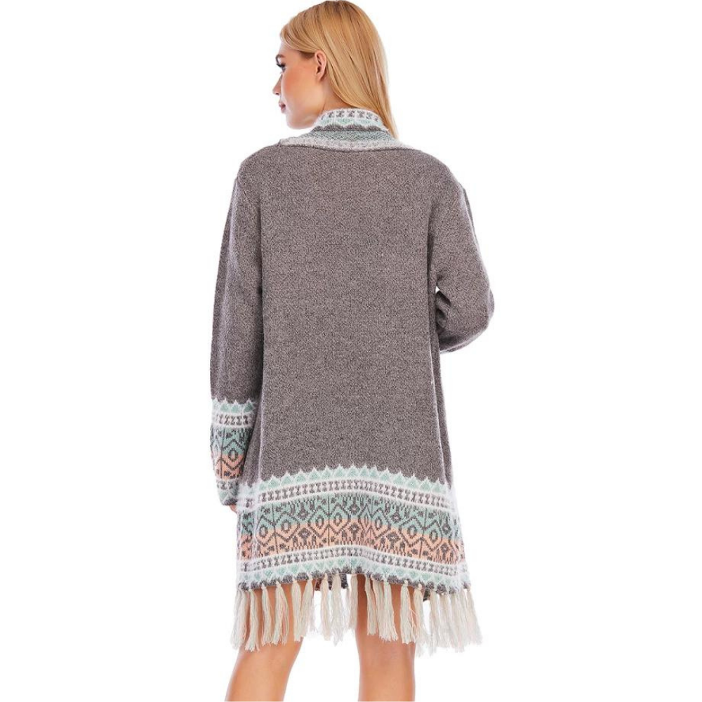 Cardigan Tricot Alongado Estampado Cinza