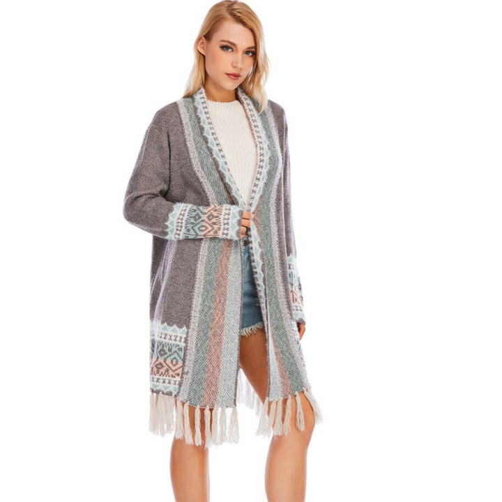 Cardigan Tricot Alongado Estampado Cinza