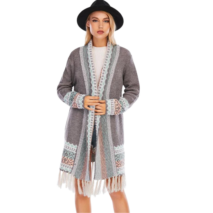 Cardigan Tricot Alongado Estampado Cinza