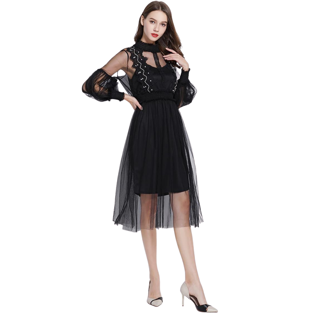 Vestido Manga Longa Tule Preto