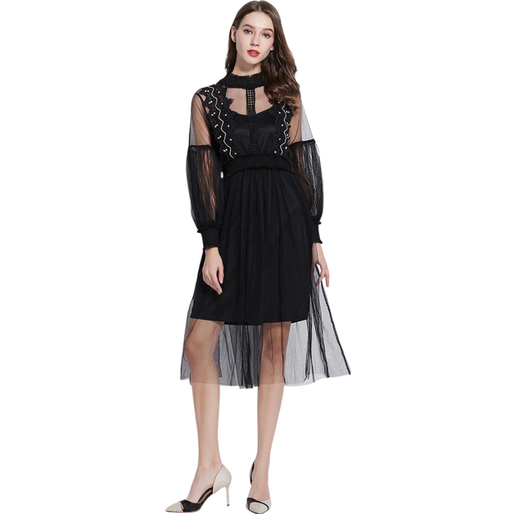 Vestido Manga Longa Tule Preto